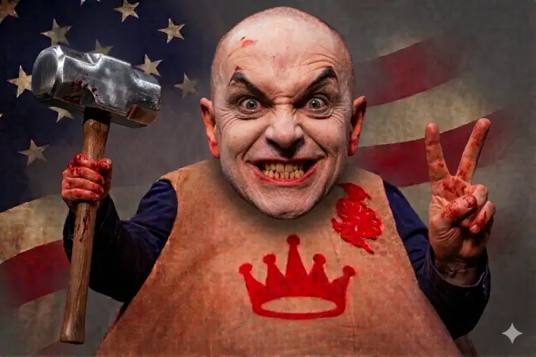 Vater Übü vor der amerikanischen Flagge mit einem höhnischen Grinsen im Gesicht. Er hält einen blutigen Eisenhammer in seiner rechte Hand und bildet mit der Linken das Victory-Zeichen.